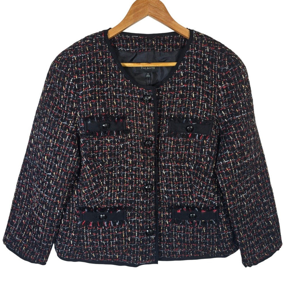 Talbots Womens Tweed Blazer Jacket‎ Size 14 Black Red Career Party